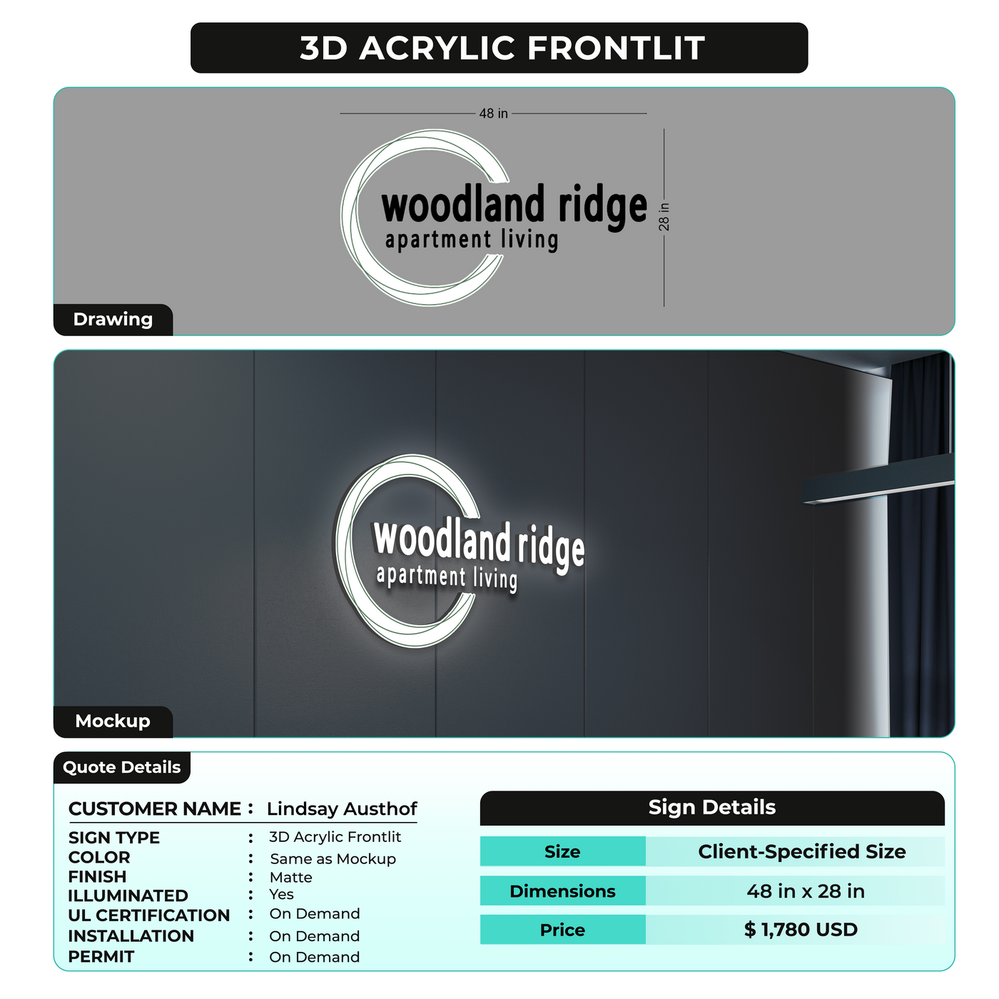 3D Acrylic Front-lit Sign For Lindsay Austhof