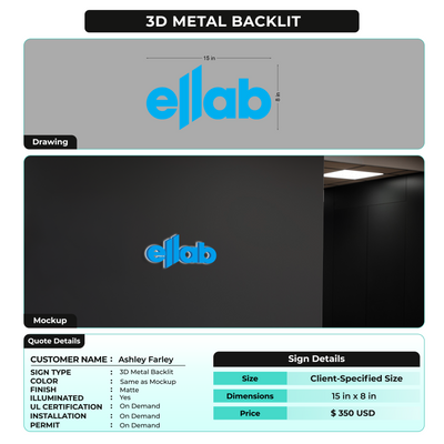 3d metal backlit sign for Ashley Farley