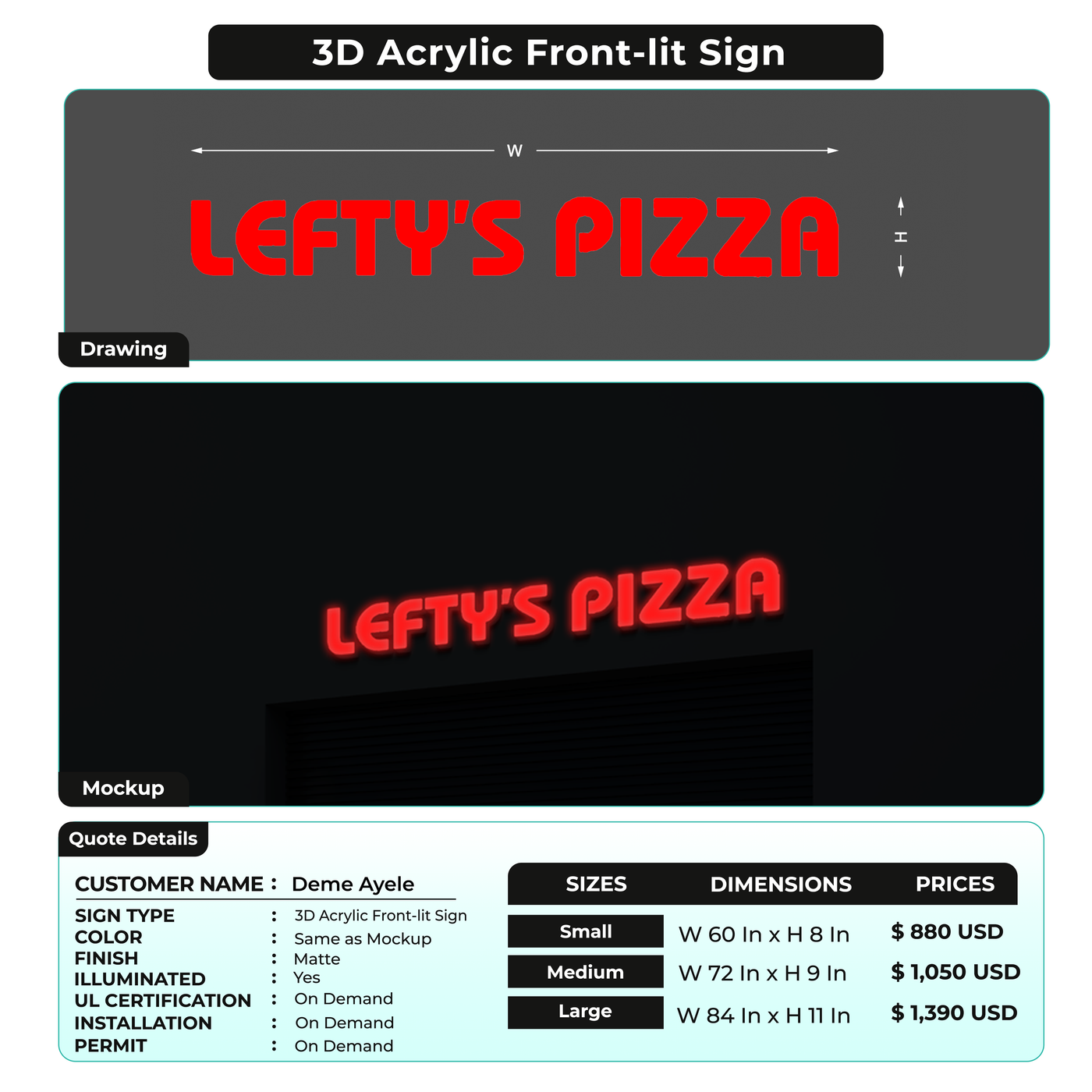 3D Acrylic Front-lit Sign For Deme Ayele