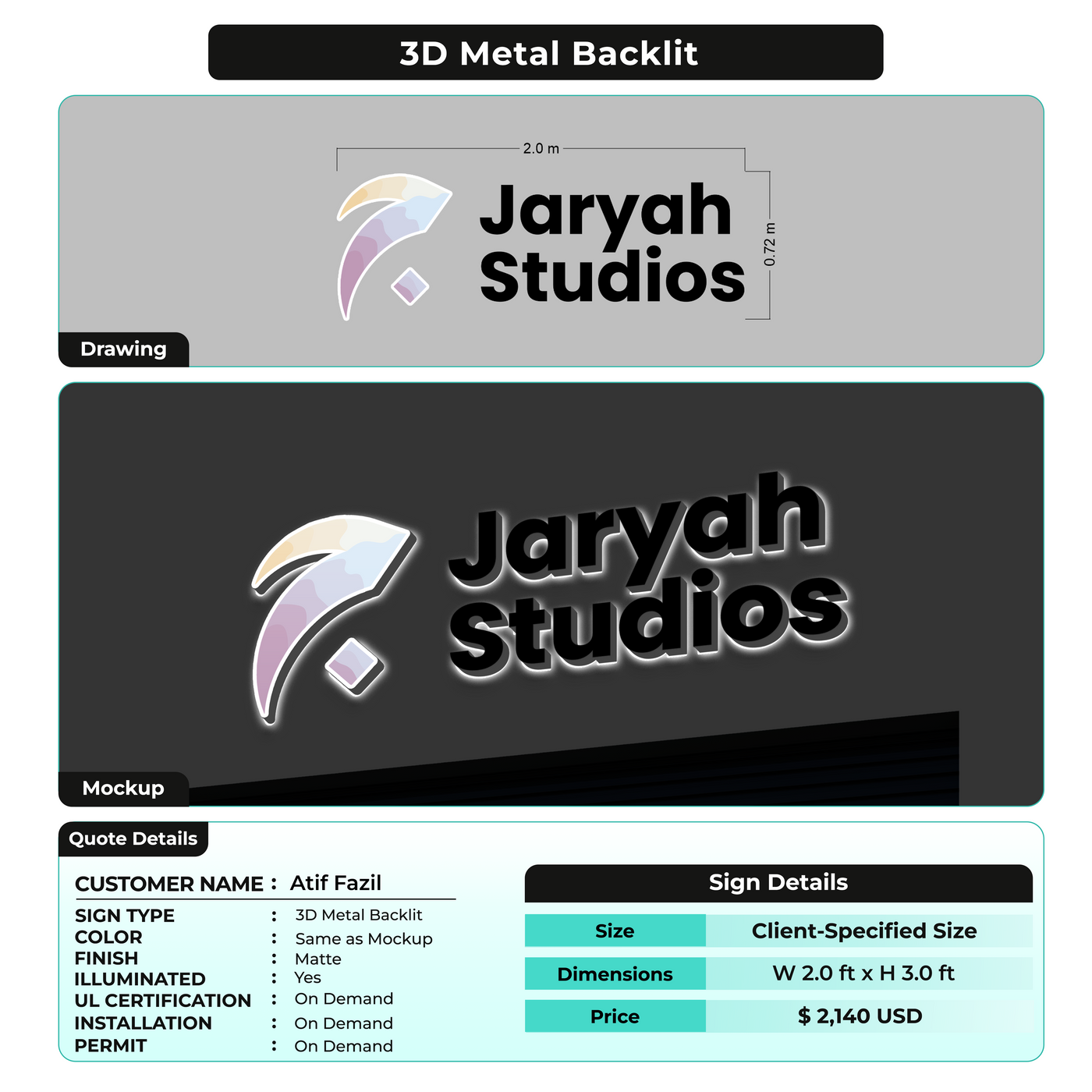 3D Metal Back-lit Sign For Atif Fazil