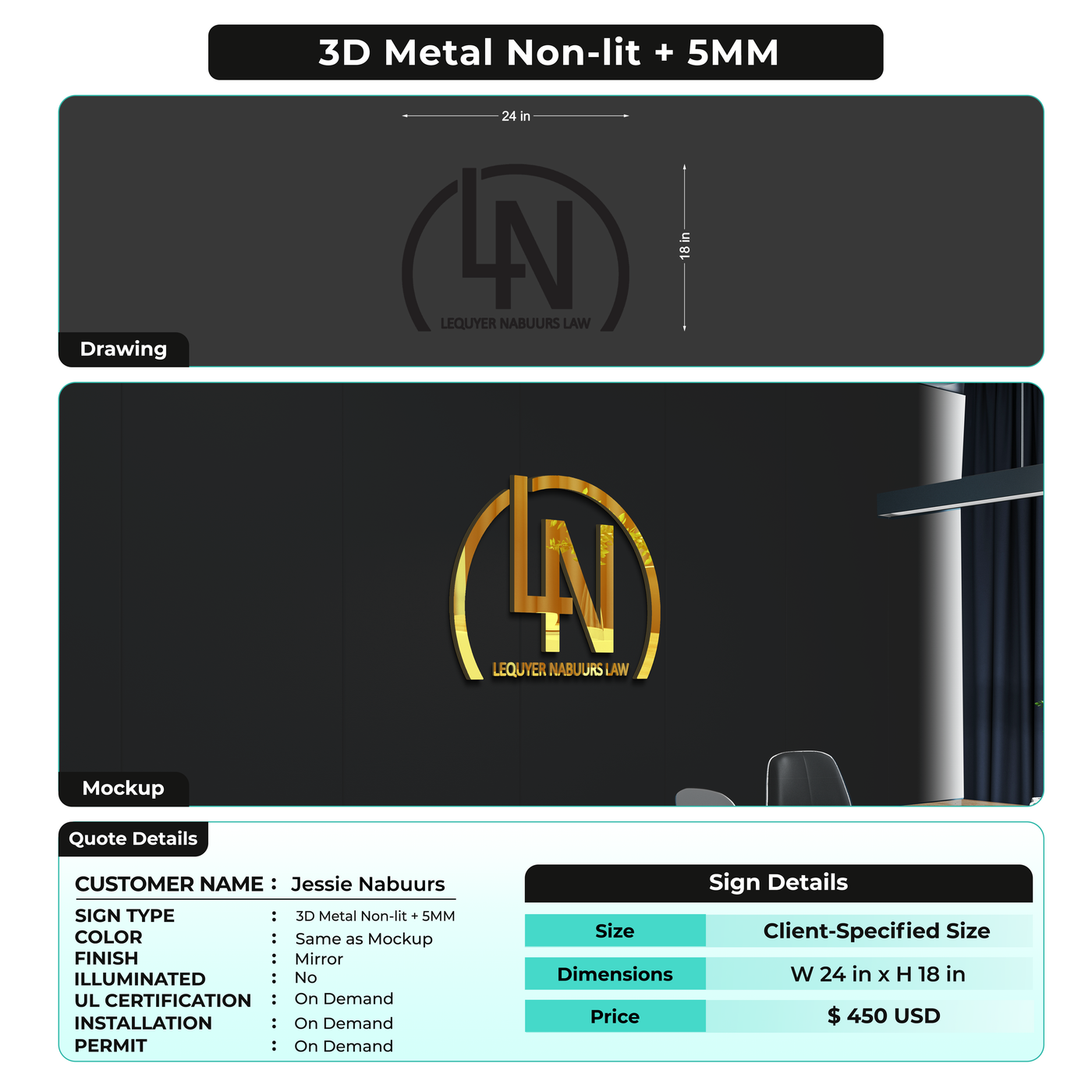3D Metal Non-lit + 5MM Sign For Jessie Nabuurs