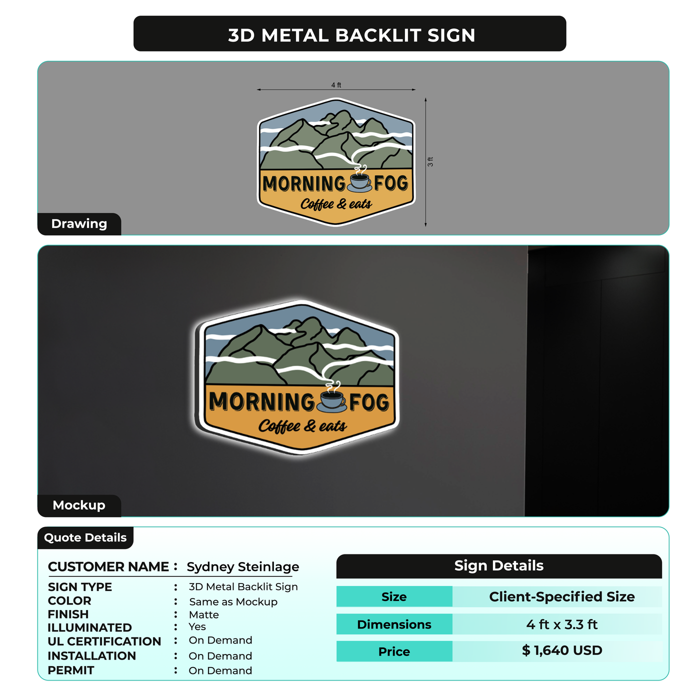 3D Metal Backlit Sign for Sydney Steinlage