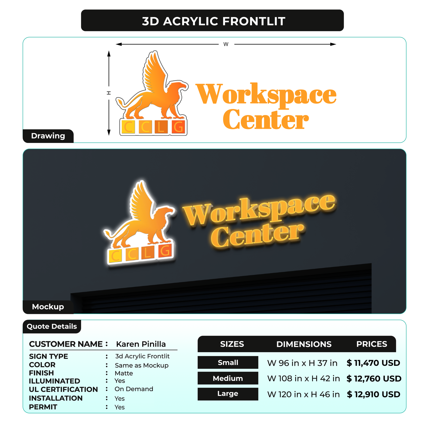 3D Acrylic Frontlit Sign for Karen Pinilla