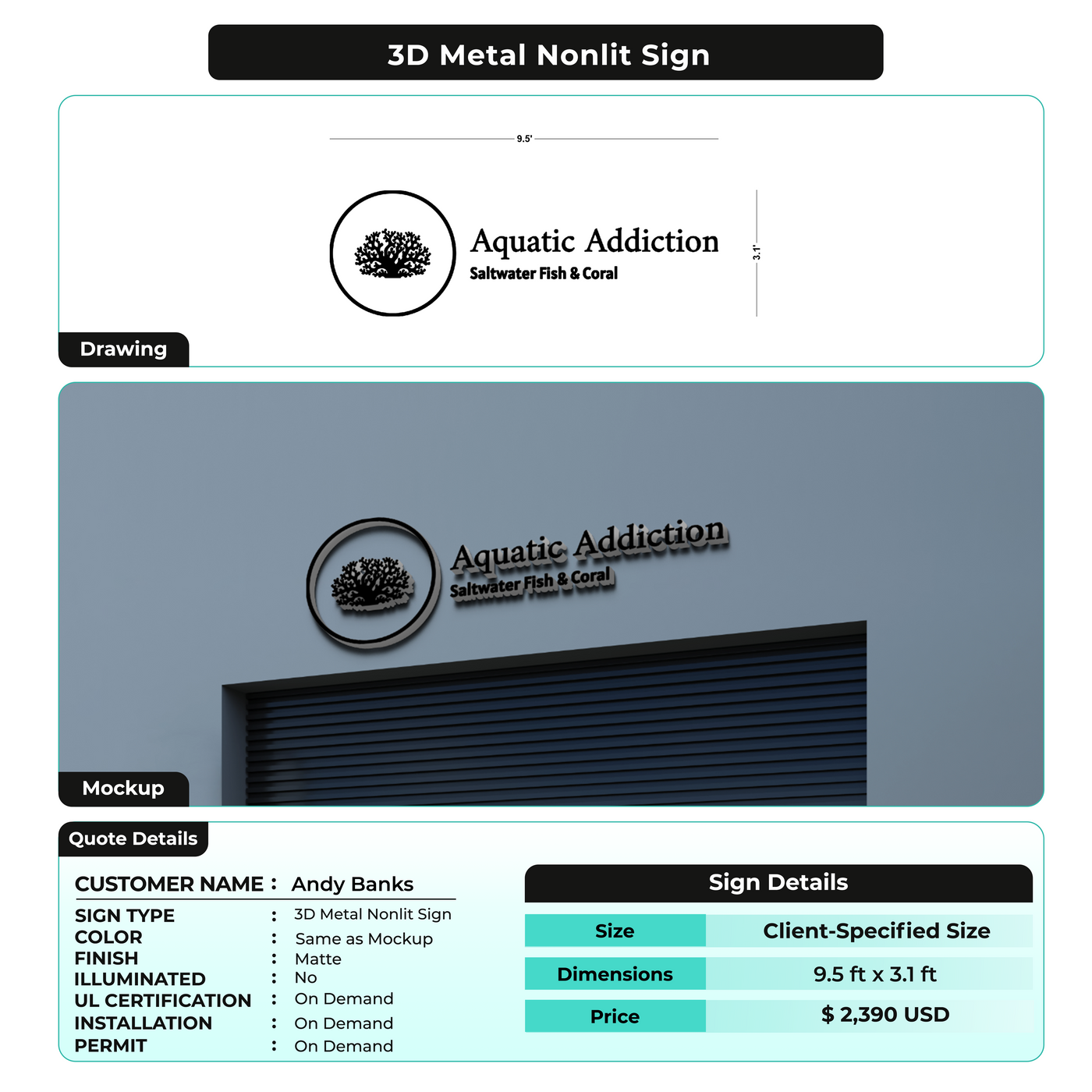 3D Metal Non Lit Sign for Andy Banks