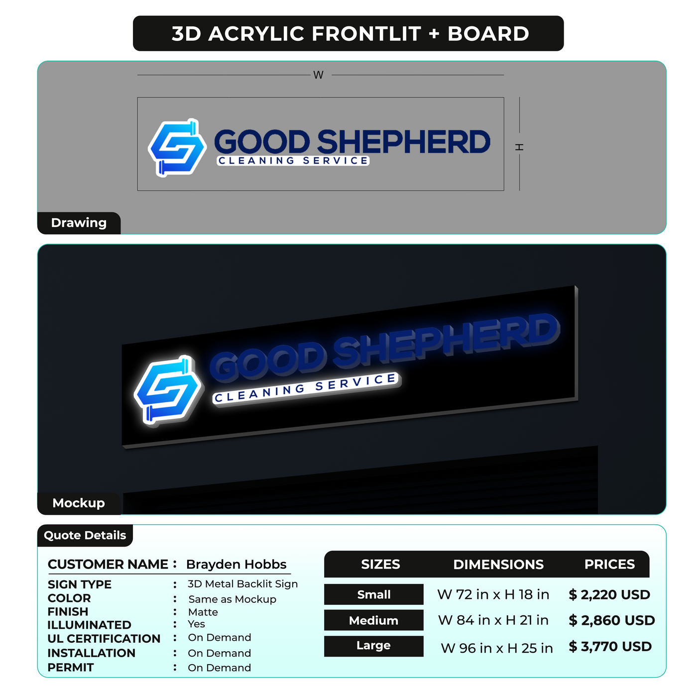 3D Acrylic Front-lit + Board  For Brayden Hobbs