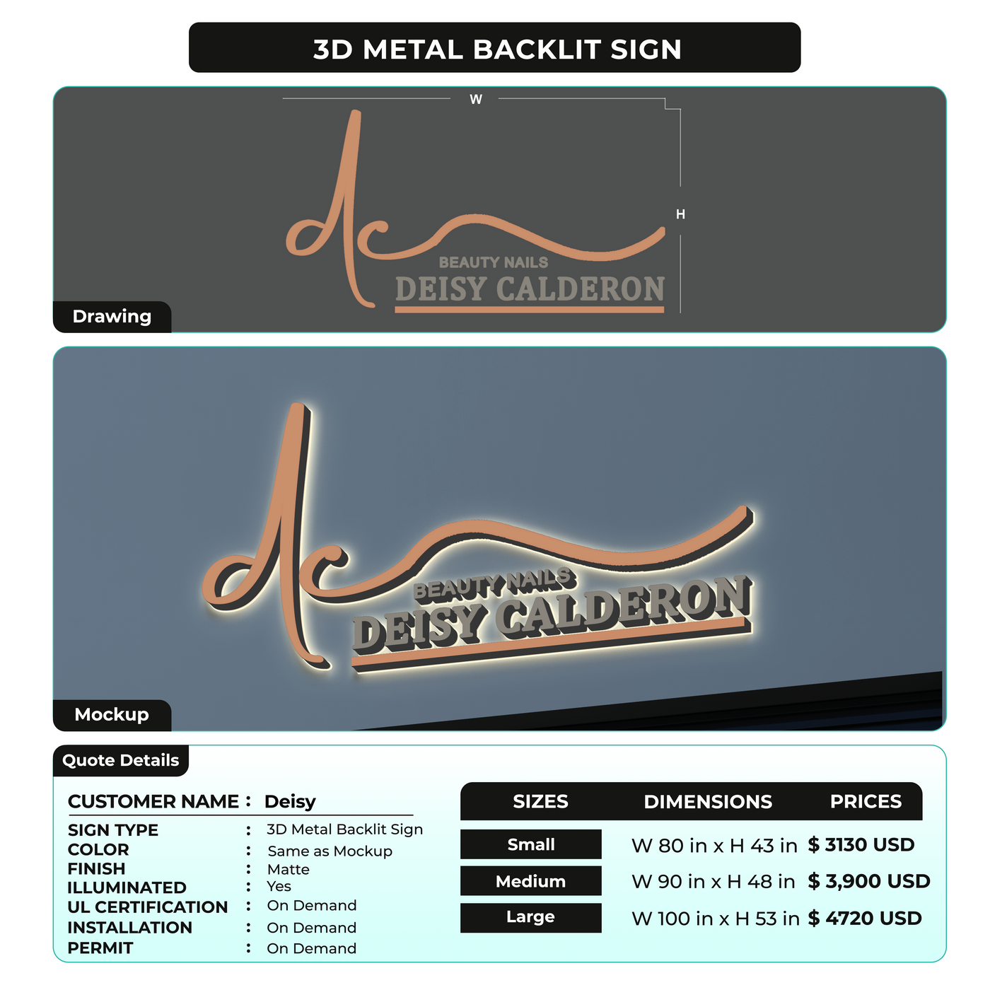 3D Metal Backlit Sign for Deisy