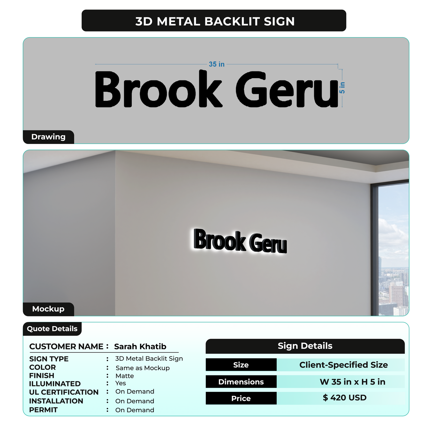 3D Metal Backlit Sign for Sarah Khatib